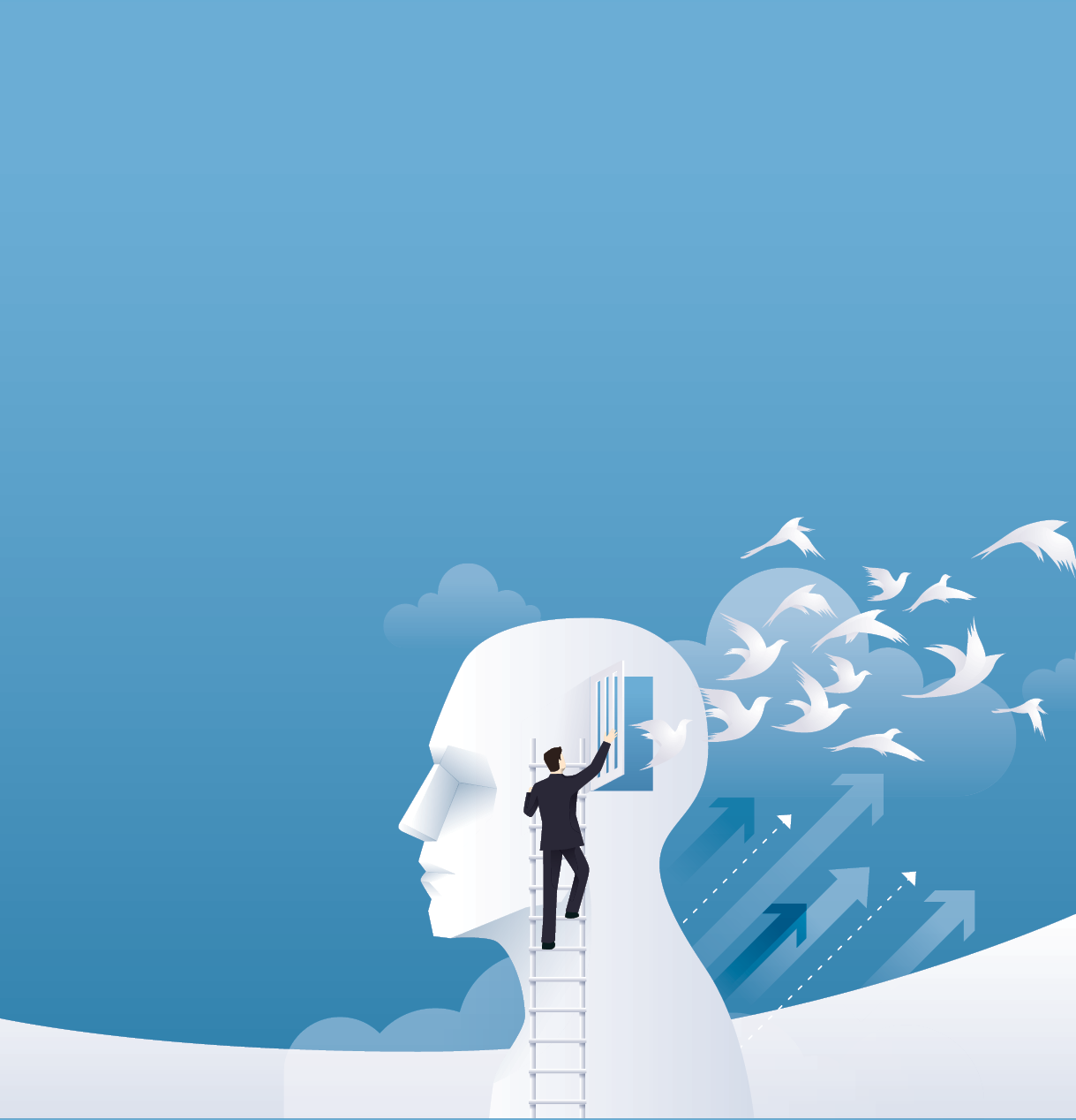 Businessman Climbing Ladder to open the door, Human head with birds flying from head, freedom and relax mind, Creative ideas, emotions or psychology concept, Think outside the box Vector illustration.