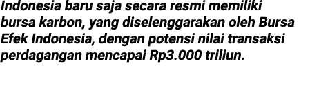 Indonesia baru saja secara resmi memiliki bursa karbon, yang diselenggarakan oleh Bursa Efek Indonesia, dengan potens...