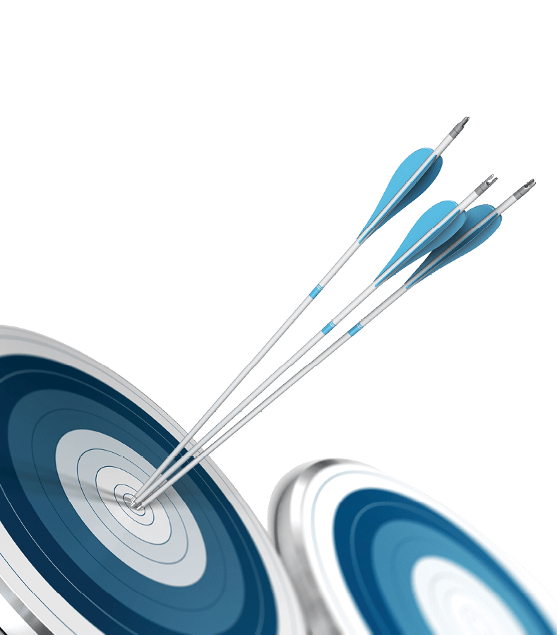 Three arrow hits the center of a blue target, there is other dartboards around. White background. Image suitable for the bottom of a page.