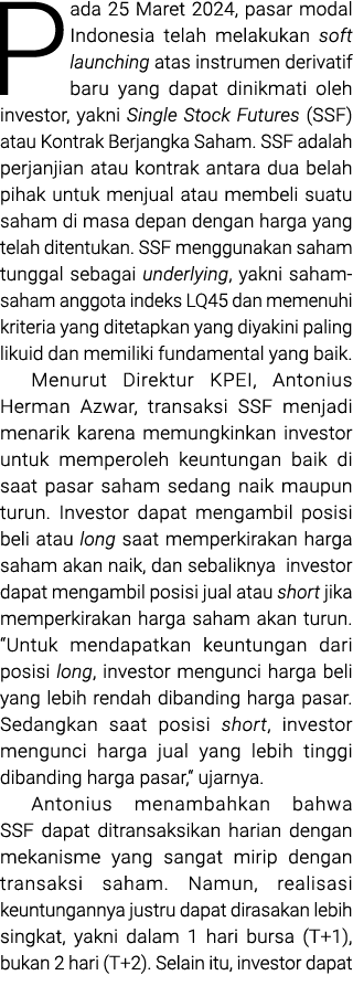 Pada 25 Maret 2024, pasar modal Indonesia telah melakukan soft launching atas instrumen derivatif baru yang dapat din...
