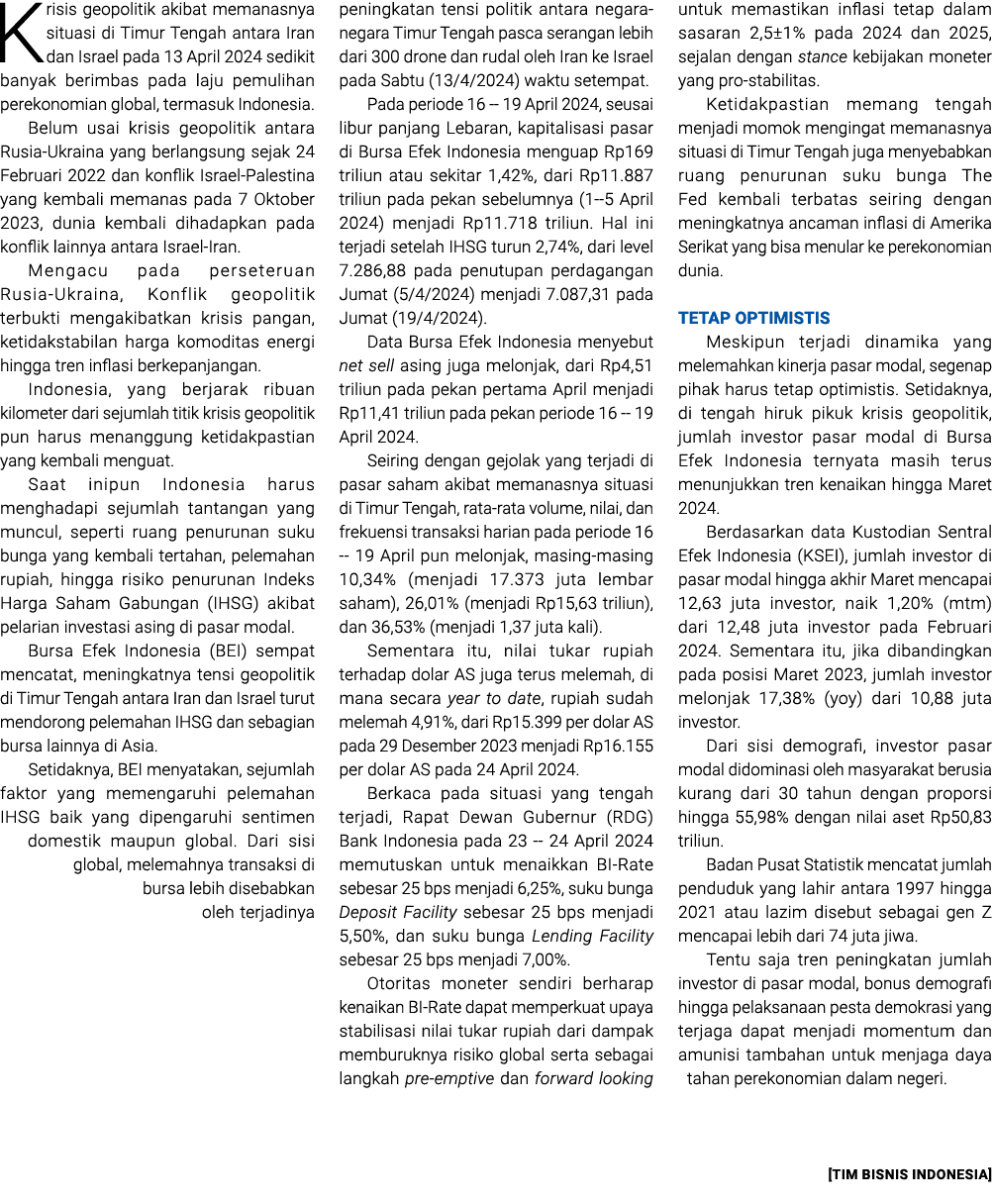 Krisis geopolitik akibat memanasnya situasi di Timur Tengah antara Iran dan Israel pada 13 April 2024 sedikit banyak ...