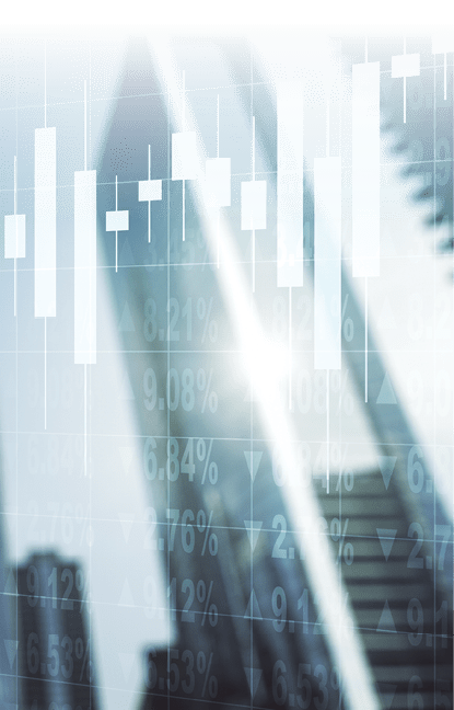 Multi exposure of abstract financial chart on office buildings background, research and analytics concept