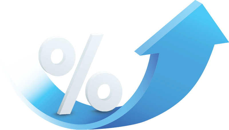 Blue curved arrow of money rising trend Interest percentage increase, deposit. Creative concept of stock market movement.