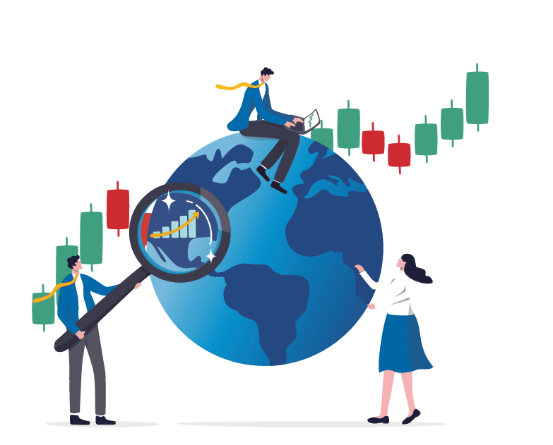 World economic analysis, global investment or international business opportunity research, forecast and analyze financial information concept, businessman with magnifier on globe with chart and graph.