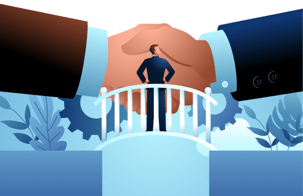 Businessman standing in the middle of a bridge, observing giant hands shaking, depiction the concept of a middleman or broker facilitating negotiations and bridging connections between parties