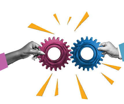 Human hands joining gear wheels together as effective unity and productive teamwork concept. Business people joining gears . Flat designed concept.