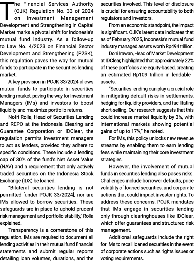 The Financial Services Authority (OJK) Regulation No. 33 of 2024 on Investment Management Development and Strengtheni...