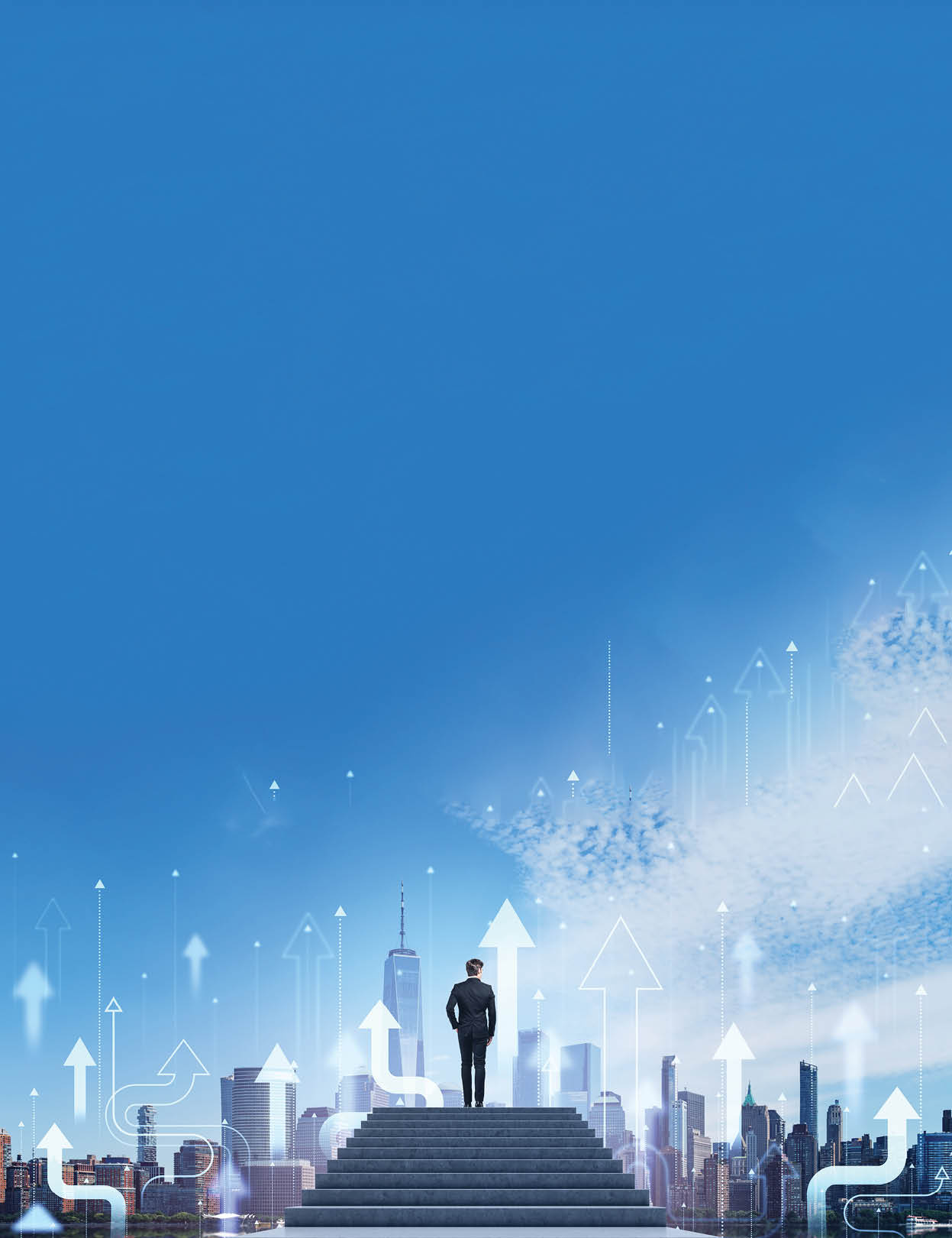 Businessman standing on stairs looking at city skyline with upward arrows, representing business growth, success, and ambition. New York city skyline.