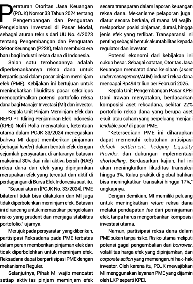 Peraturan Otoritas Jasa Keuangan (POJK) Nomor 33 Tahun 2024 tentang Pengembangan dan Penguatan Pengelolaan Investasi ...