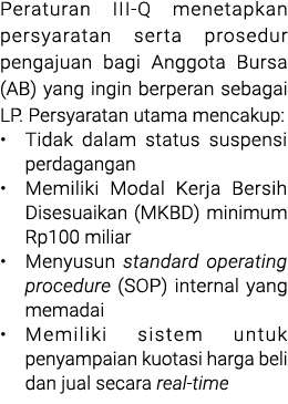 Peraturan III Q menetapkan persyaratan serta prosedur pengajuan bagi Anggota Bursa (AB) yang ingin berperan sebagai L...