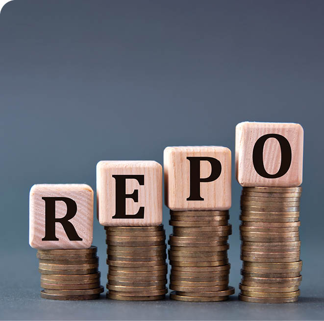 REPO (Repurchase Agreement) - word on wooden cubes on coins on a gray background. Business concept
