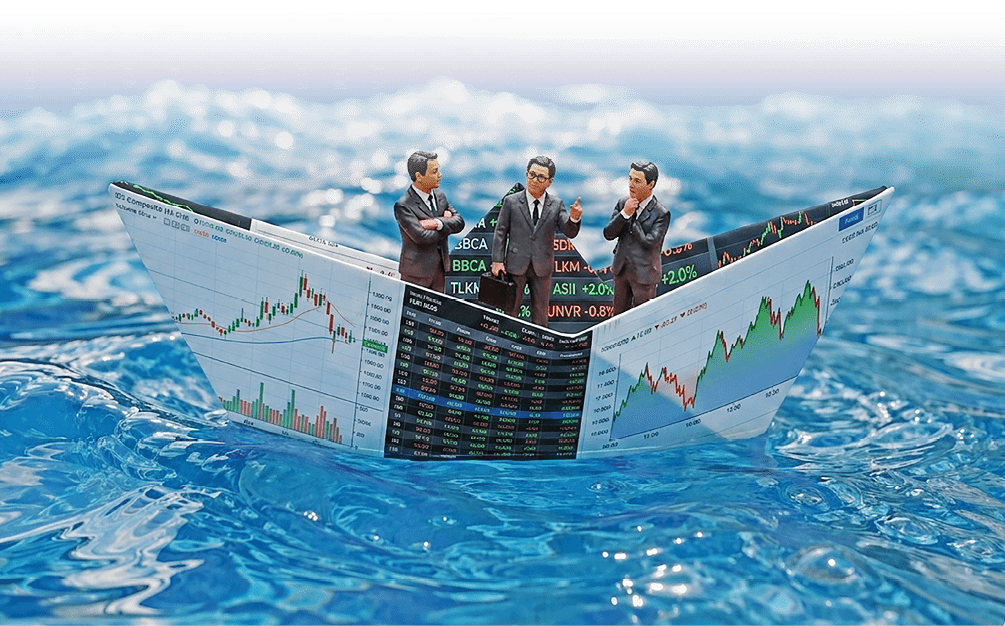 A boat made of money is floating in the water. Description generated by AI