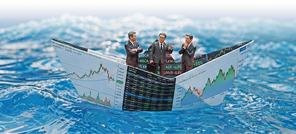 A boat made of money is floating in the water. Description generated by AI